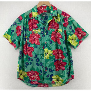 LIZWEAR Shirt Mens M Gauze Hawaiian Tropical Button Up Camp Cotton Green Vintage